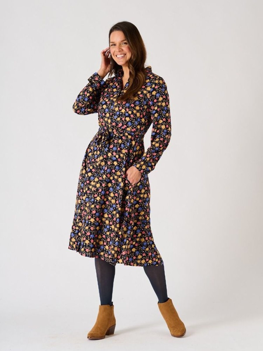 Quba & Co Navy Floral Print Long Sleeved Shirt Dress - Trent Hot