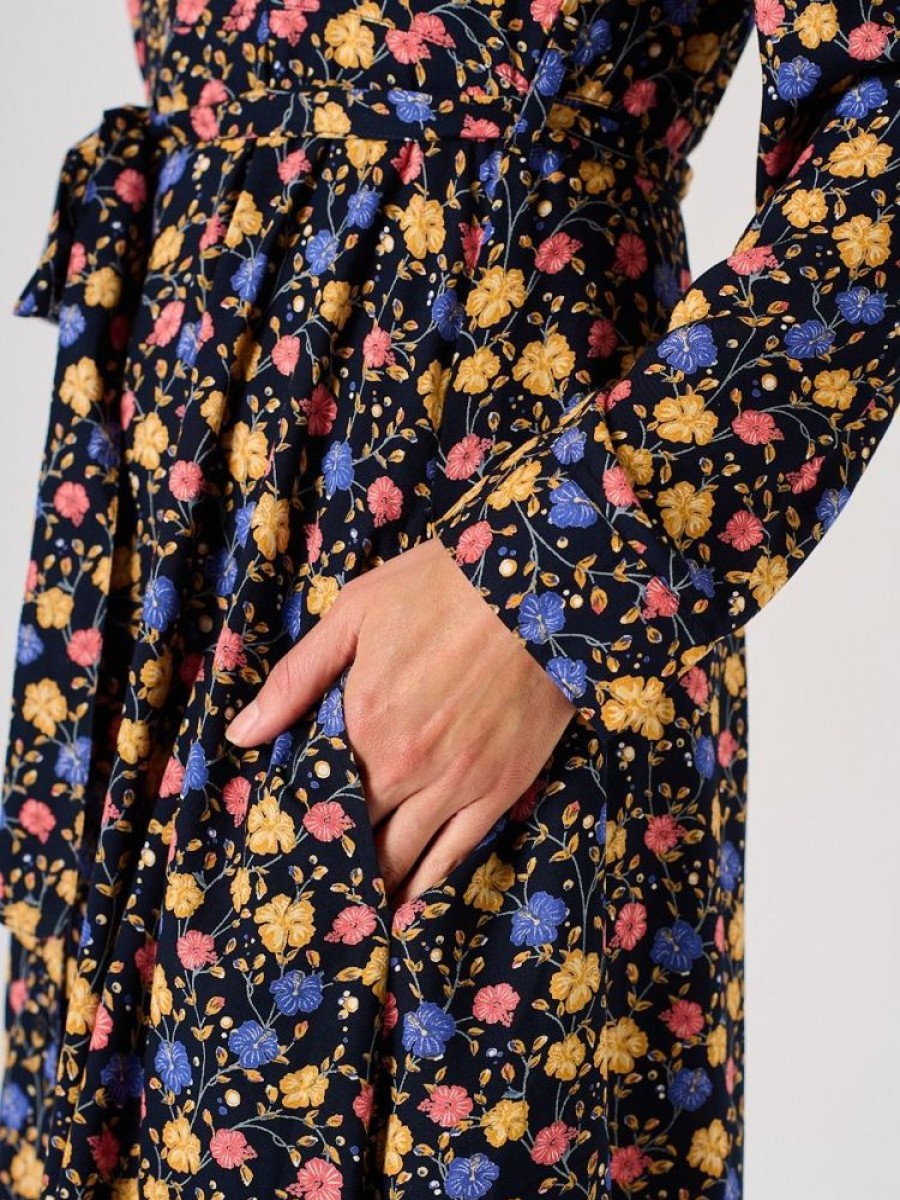 Quba & Co Navy Floral Print Long Sleeved Shirt Dress - Trent Hot