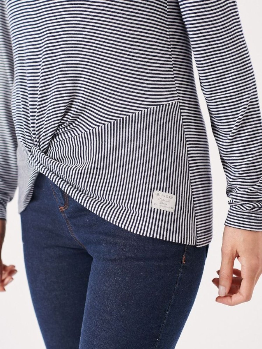 Quba & Co Vall Front Twist Navy And White Striped Long Sleeved T-Shirt Clearance