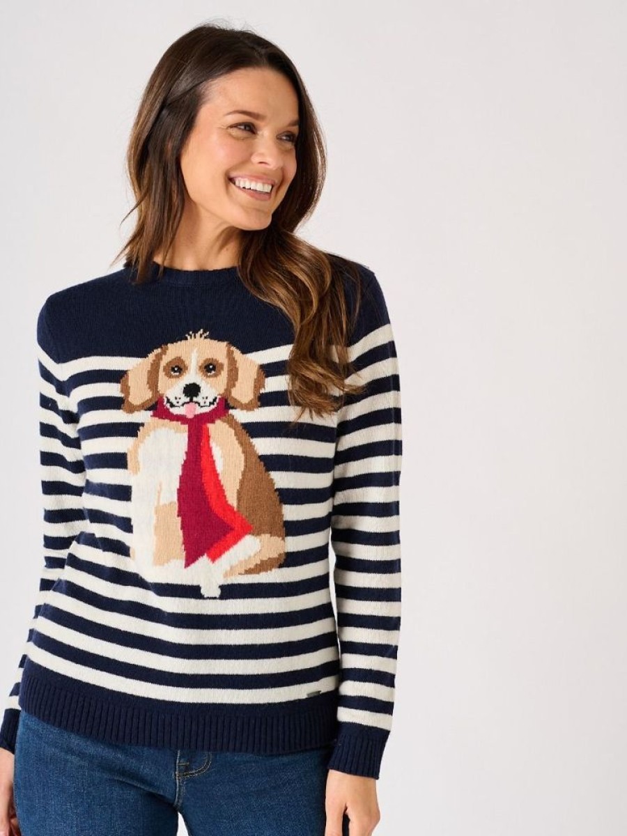 Quba & Co Navy And White Striped Dog Design Knitted Jumper - Collared Hot