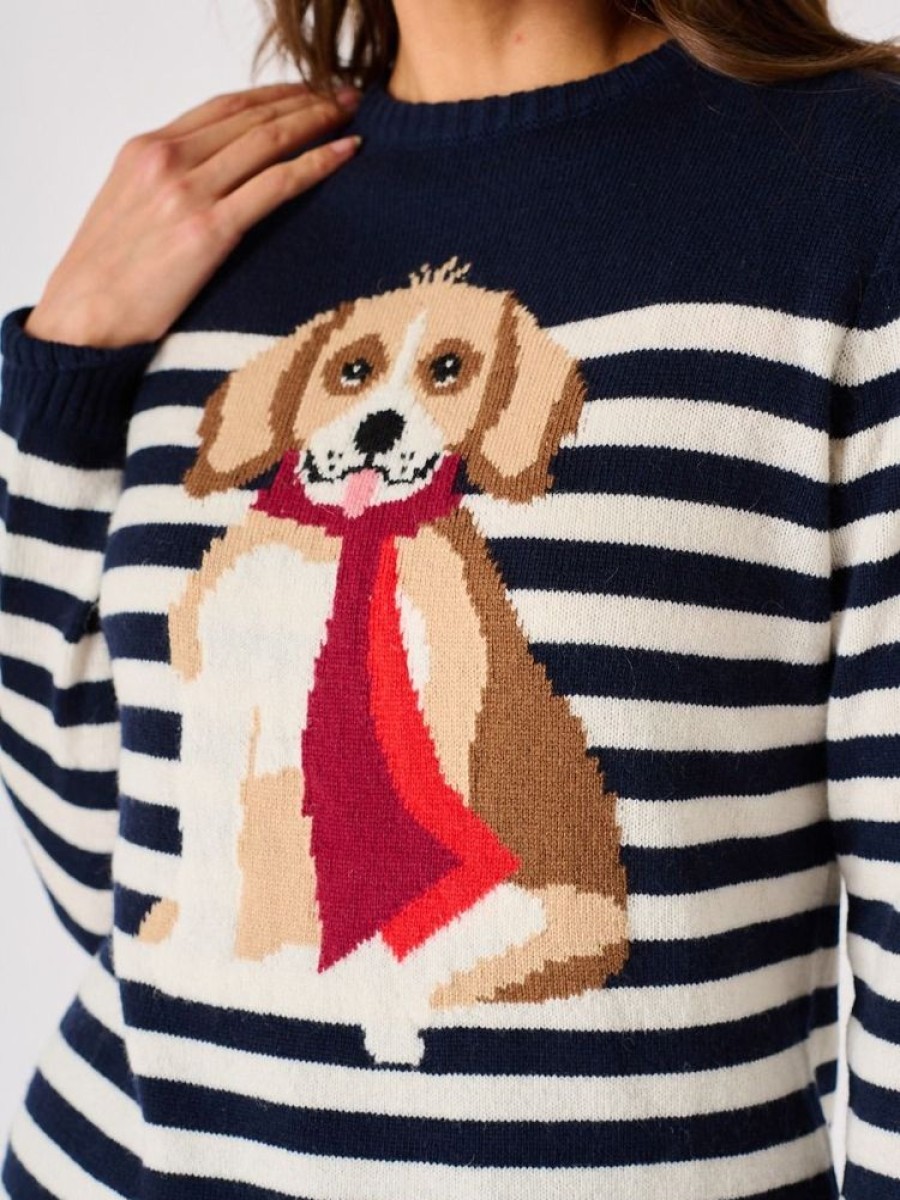 Quba & Co Navy And White Striped Dog Design Knitted Jumper - Collared Hot