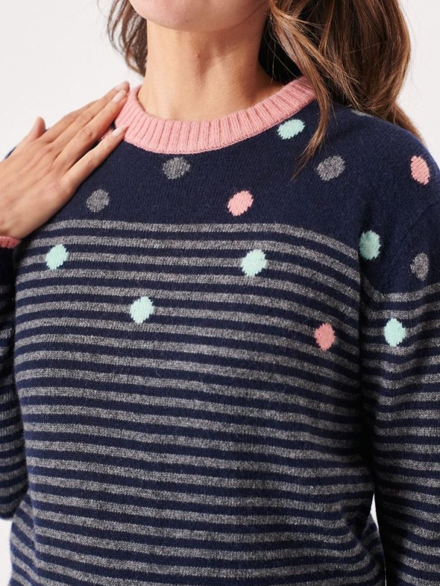 Quba & Co Skanor Spot And Stripe Navy Pink Jumper Hot